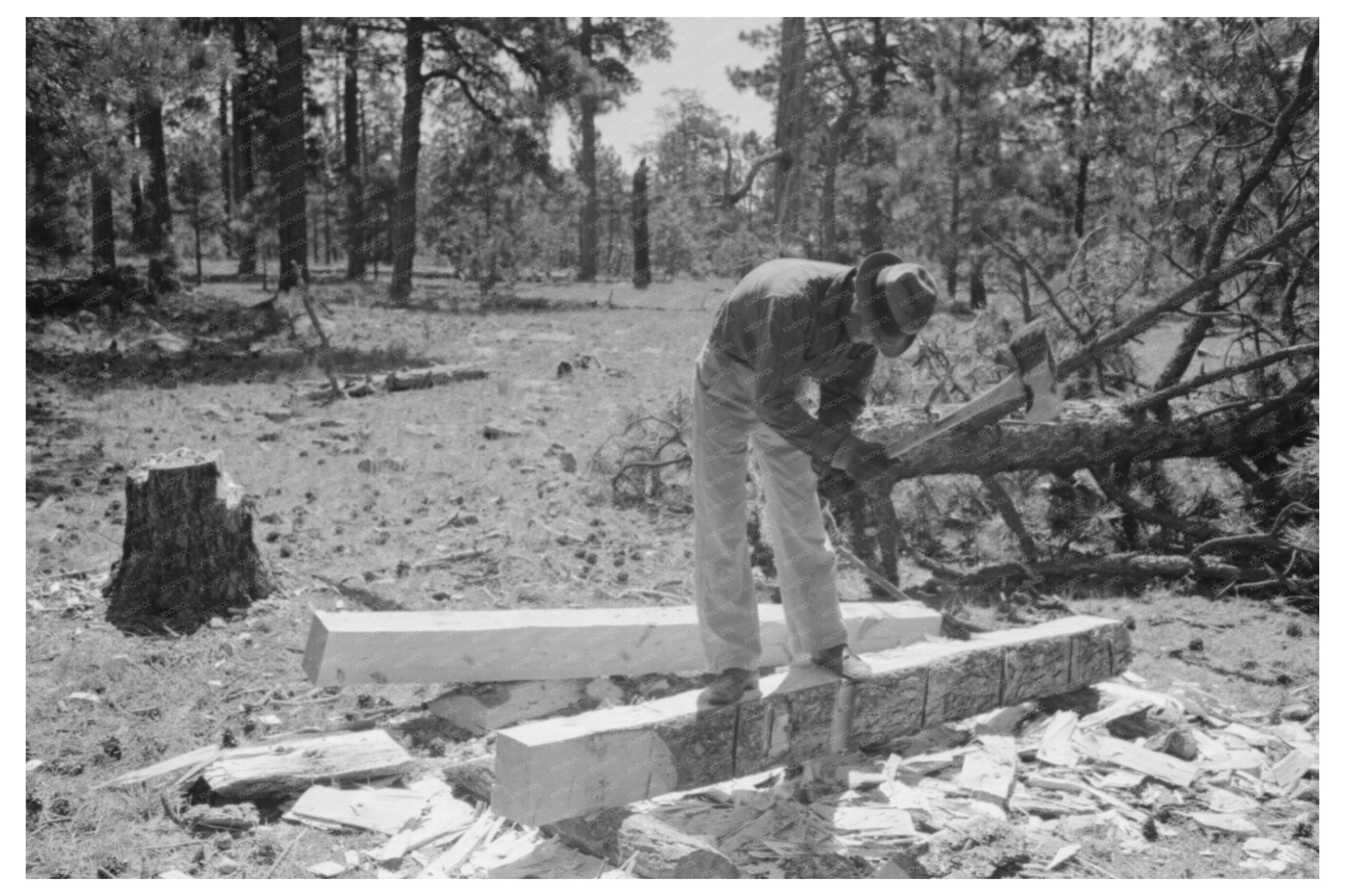 Laborer Hewing Wooden Tie with Broadaxe Pie Town 1940