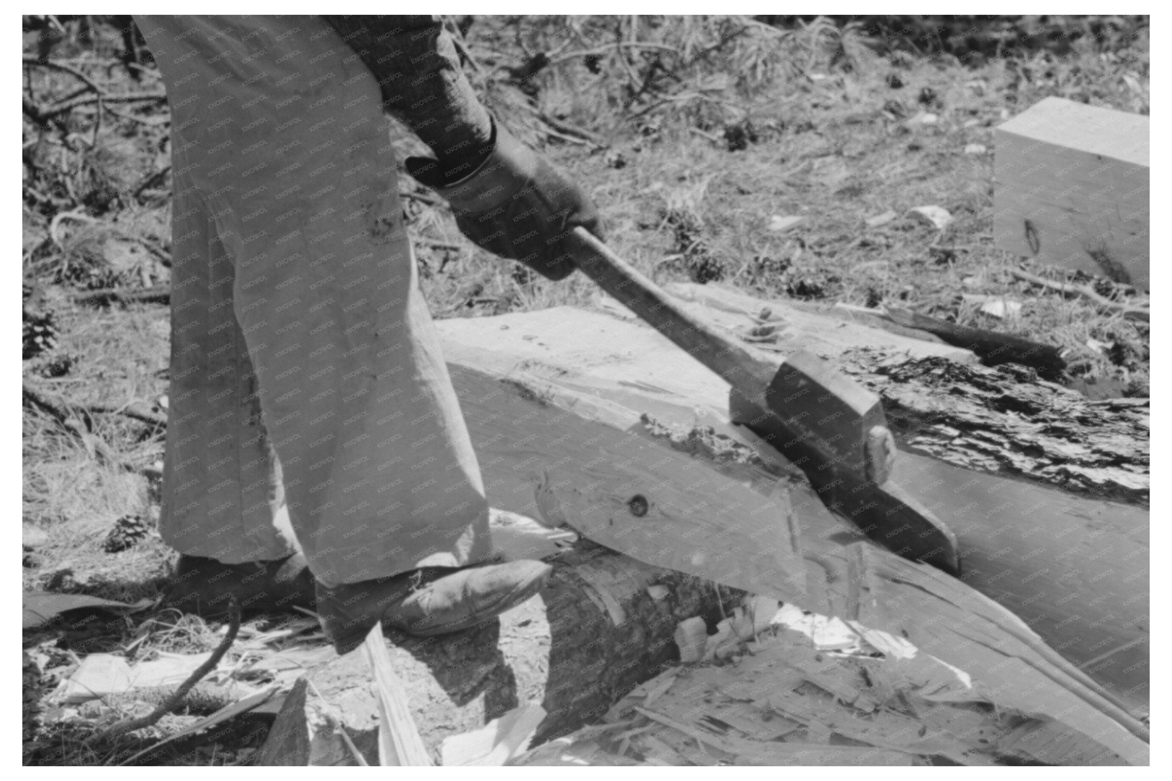 Worker in Pie Town New Mexico cutting log for railroad tie 1940