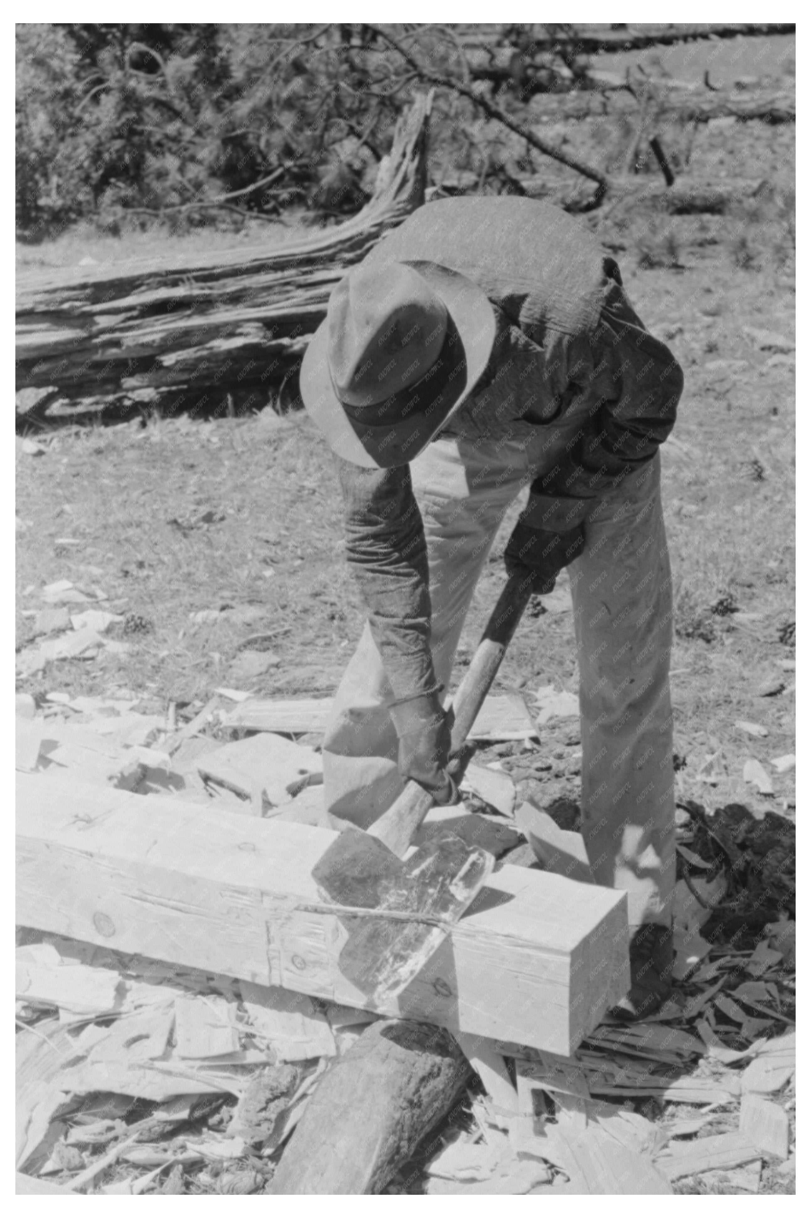 Man Tying a Tie with Axe in Pie Town New Mexico 1940