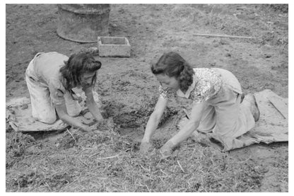 Spanish-American Girls Mixing Adobe Plaster New Mexico 1940