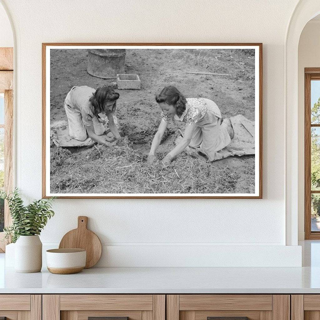 Spanish-American Girls Mixing Adobe Plaster New Mexico 1940