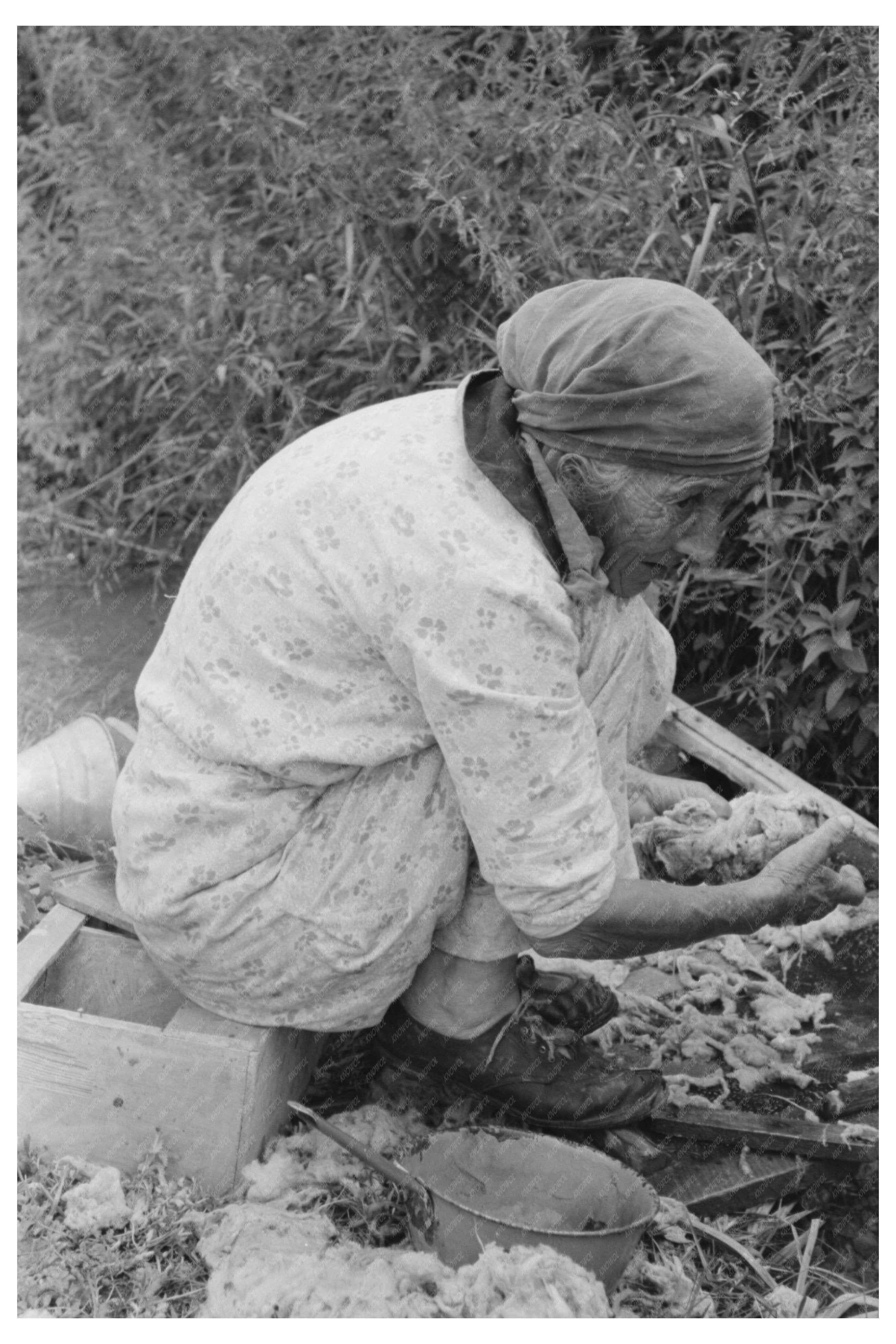 Elderly Woman Washing Wool Chamisal New Mexico 1940