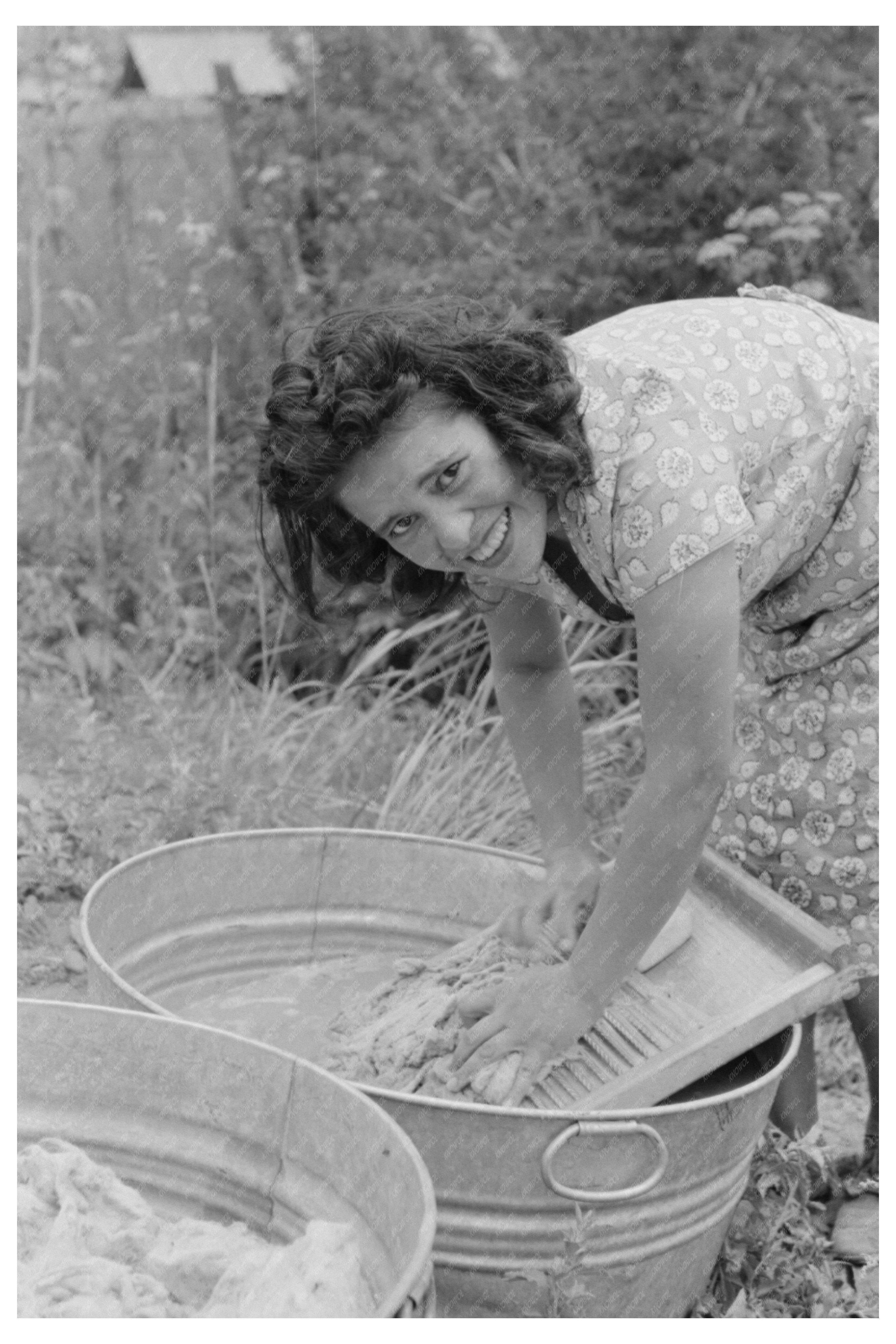 Spanish-American Girl Washing Wool in Chamisal 1940