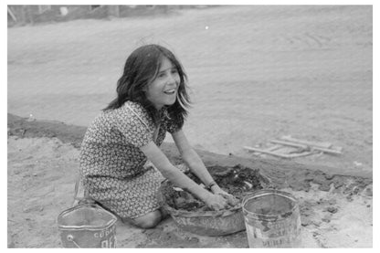 Spanish-American Girl Plastering Adobe Roof July 1940