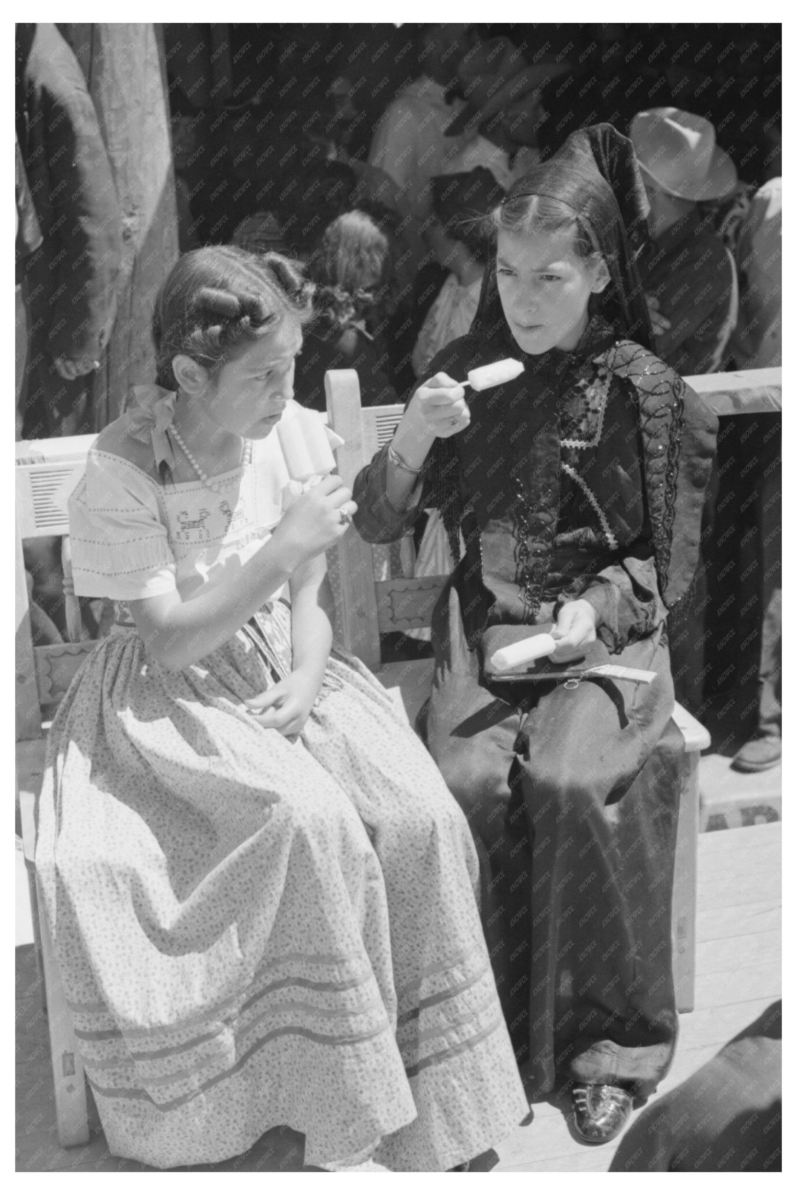 Girls in Fiesta Costumes Enjoy Popsicles Taos 1940