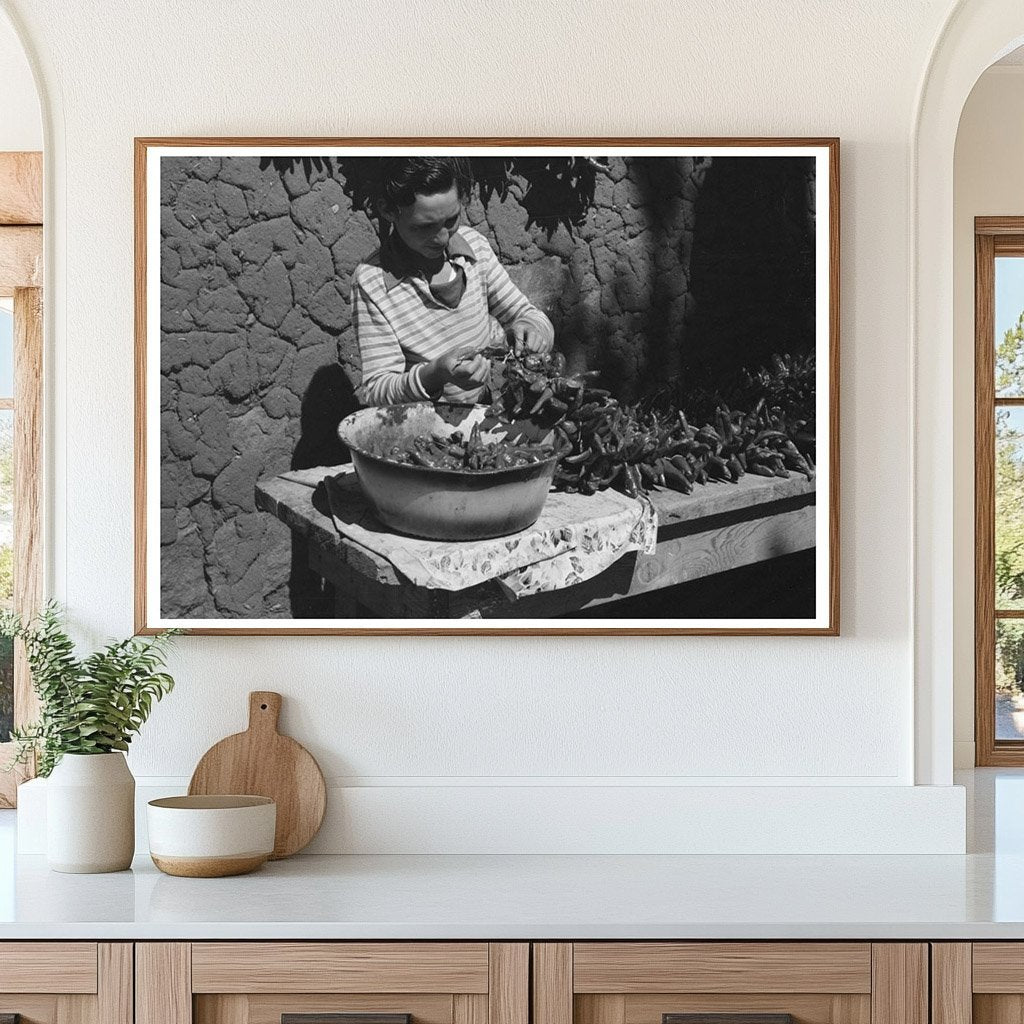 Spanish Boy Stringing Chili Peppers in Concho Arizona 1940