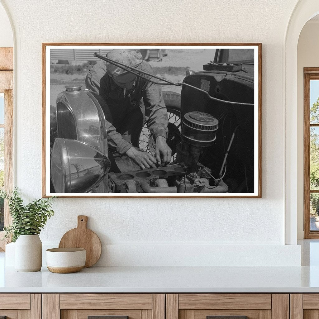 Farm Worker Fixing Car in Caldwell Idaho June 1941