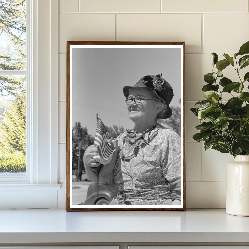 Woman with American Flag in Caldwell Idaho 1941