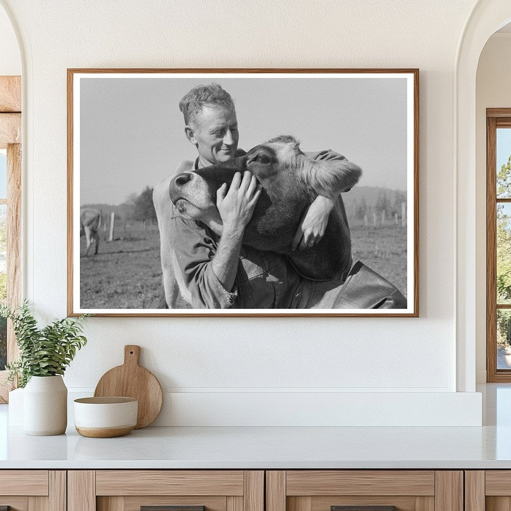 Dairy Farmer with Cow in Tillamook Oregon 1941