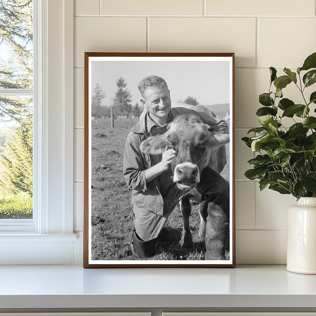 Dairy Farmer with Cow in Tillamook County 1941