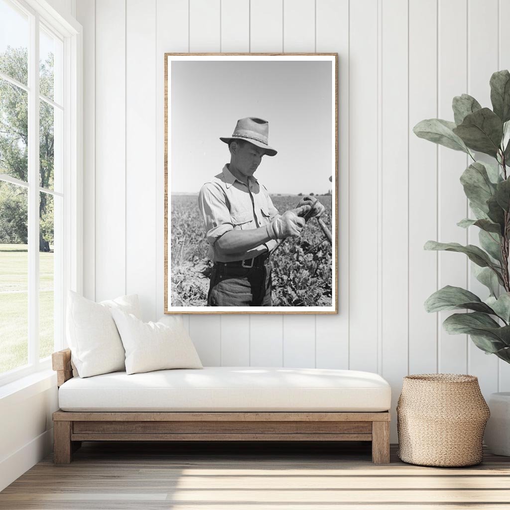 Japanese-American Farm Worker Sharpening Hoe 1942