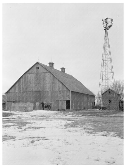 Vintage Iowa Farm Barn and Windmill December 1936