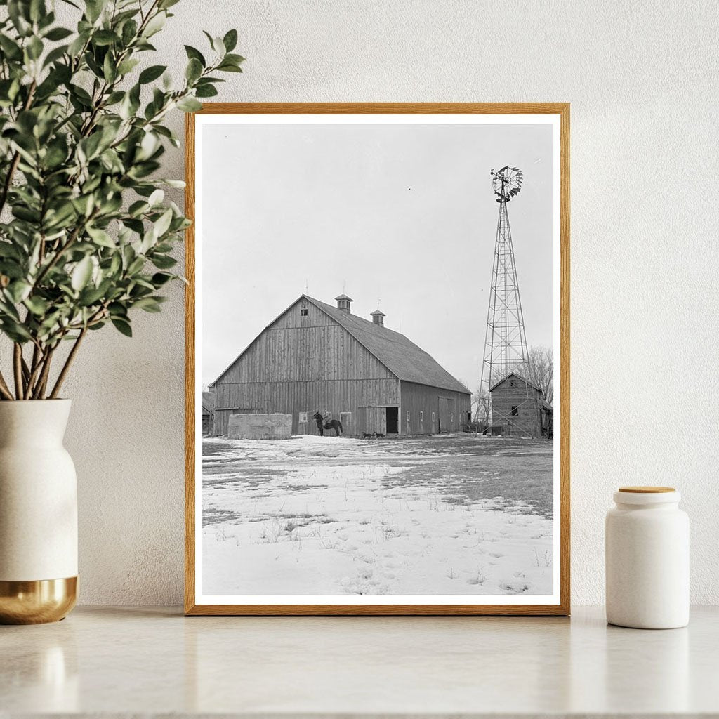 Vintage Iowa Farm Barn and Windmill December 1936