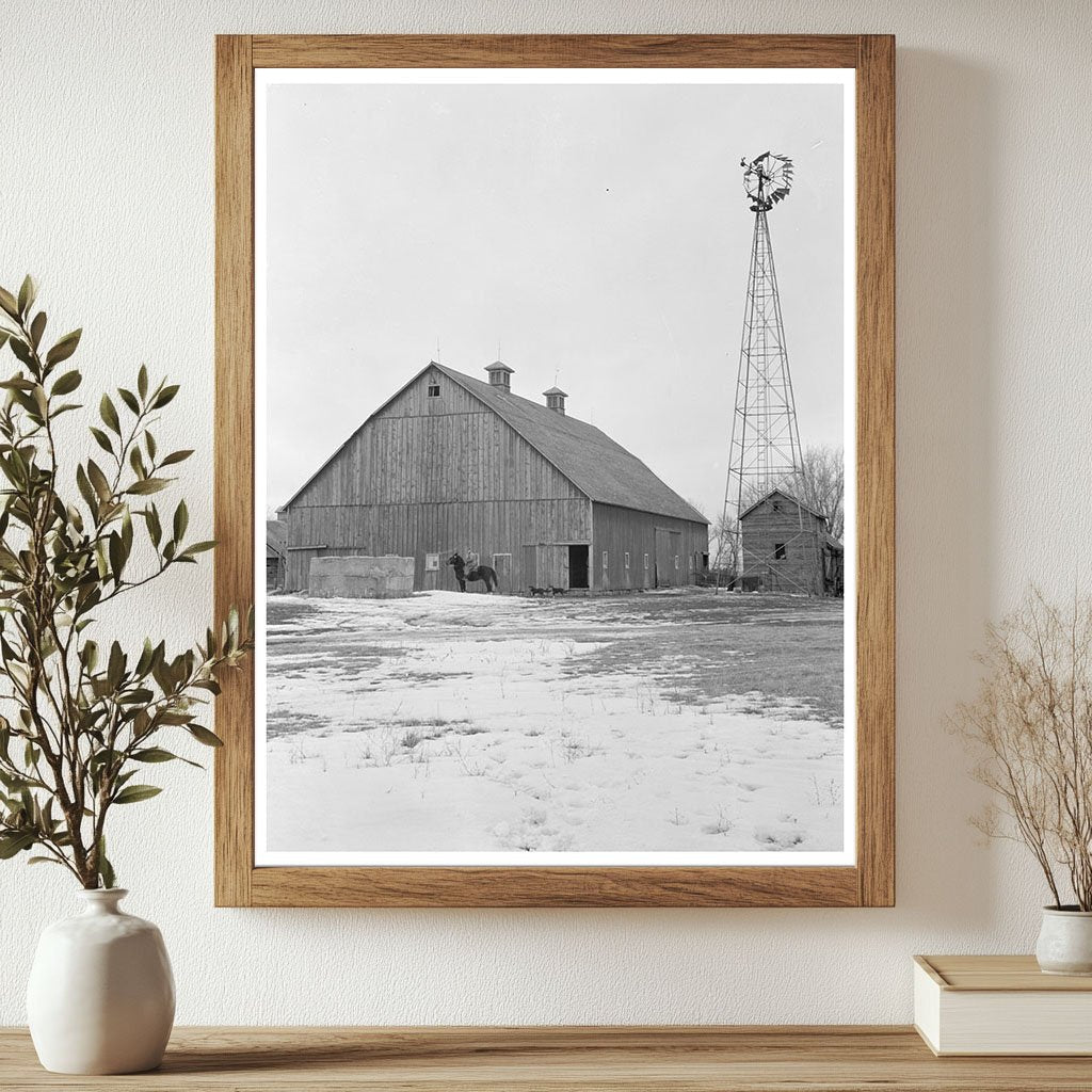 Vintage Iowa Farm Barn and Windmill December 1936