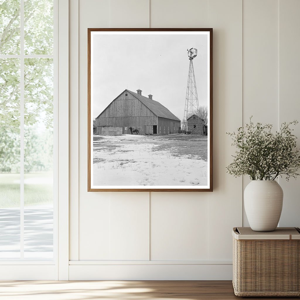 Vintage Iowa Farm Barn and Windmill December 1936