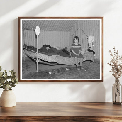 Child on Bed in Farmhouse Milford Iowa December 1936