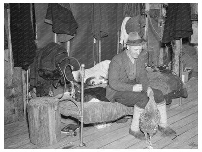 Farmer Feeding Chicken Indoors in Michigan May 1937