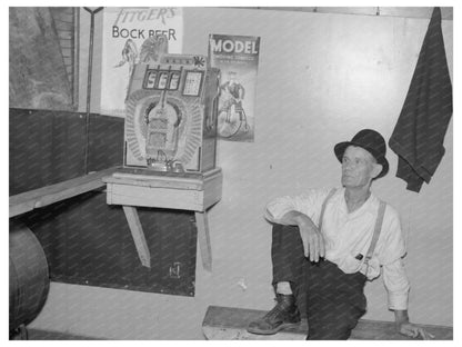 Lumberjack at Slot Machine in Craigville Saloon 1937