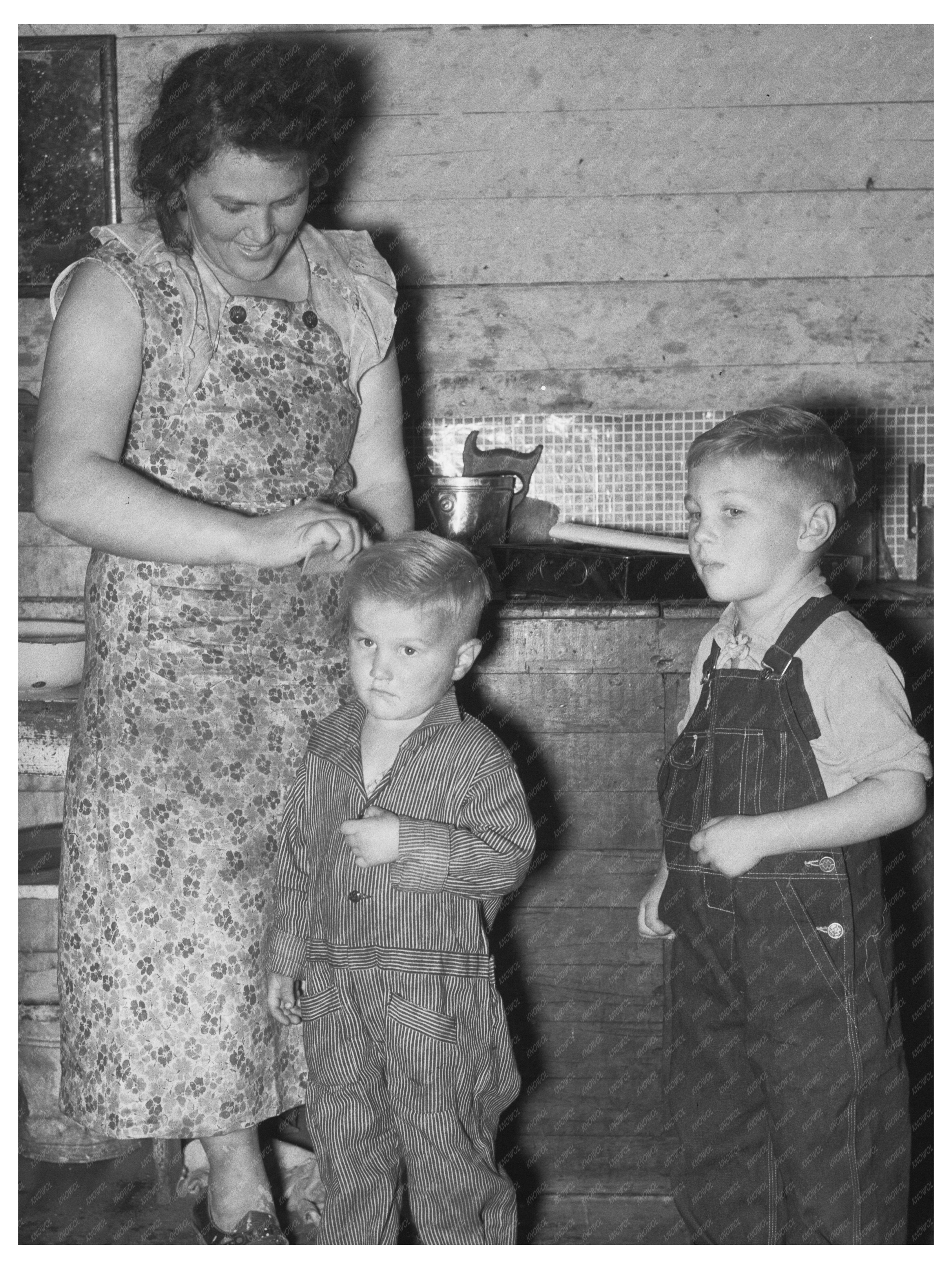 Mother Dressing Children at Farm Home North Dakota 1937