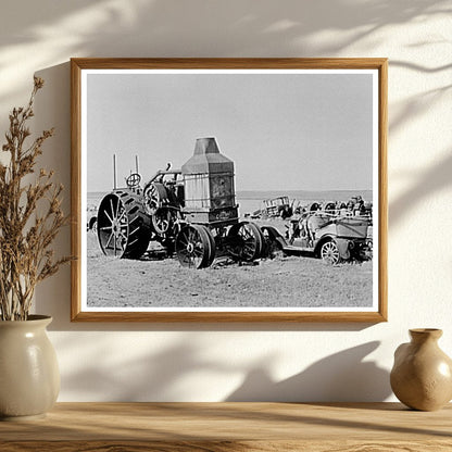 1937 Junkyard Scene with Tractor and Automobile in North Dakota