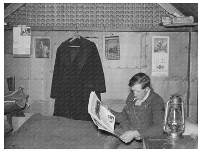 Gold Miner Reading in Shack Two Bit Creek South Dakota 1937