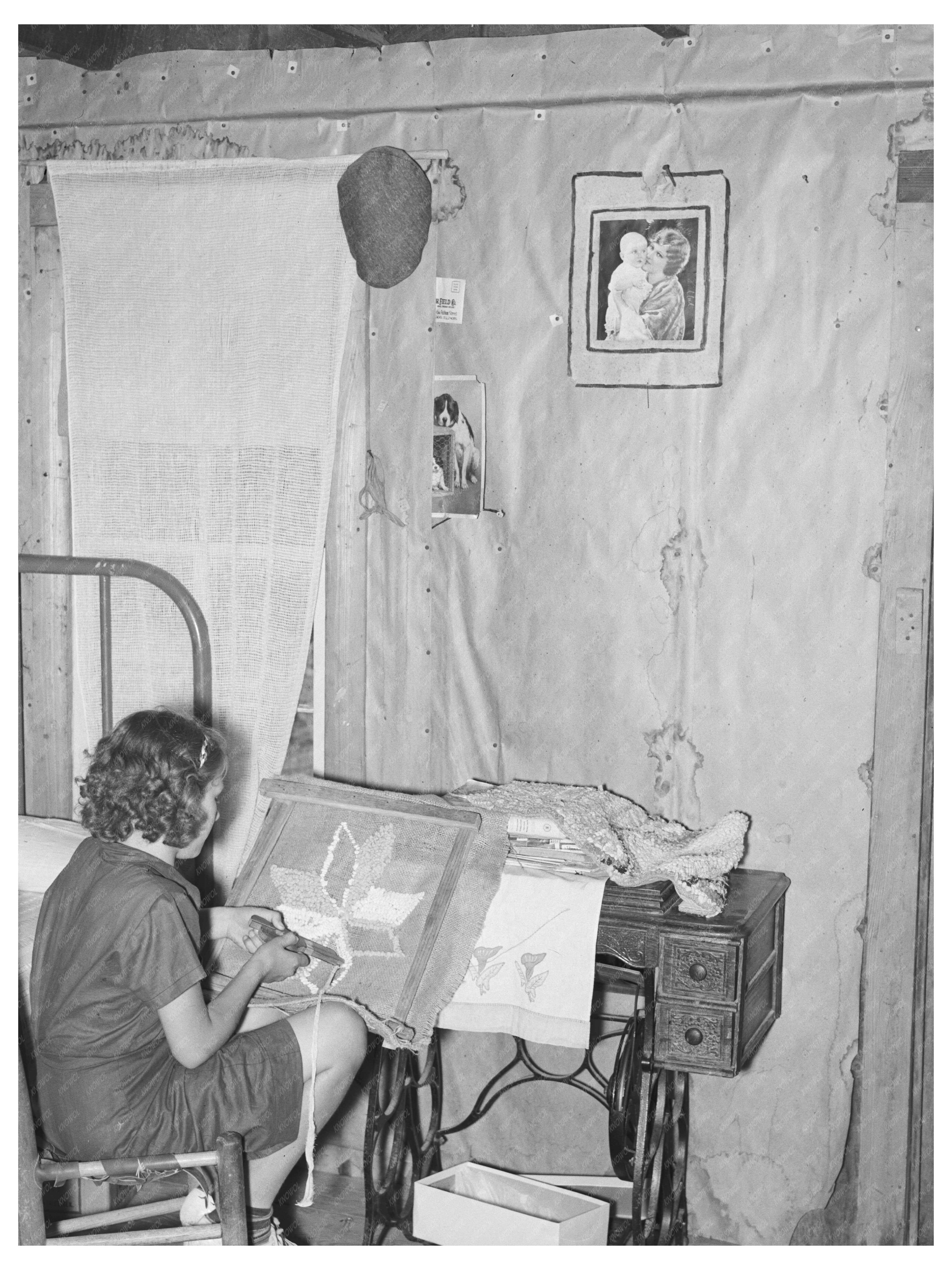 Young Girl Making Hooked Rug in La Forge Missouri 1938