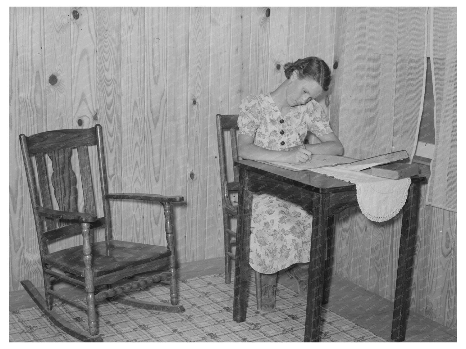 Young Girl Doing Homework in New Farm Home 1938