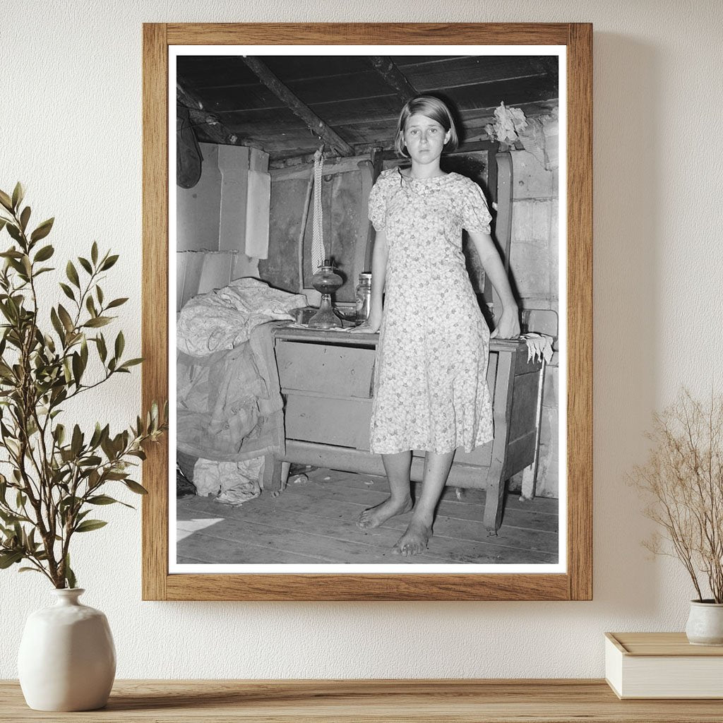 Girl at Wooden Bureau in Tin Town Missouri 1938