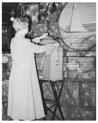 Girl Playing Slot Machine in Raceland Louisiana 1938