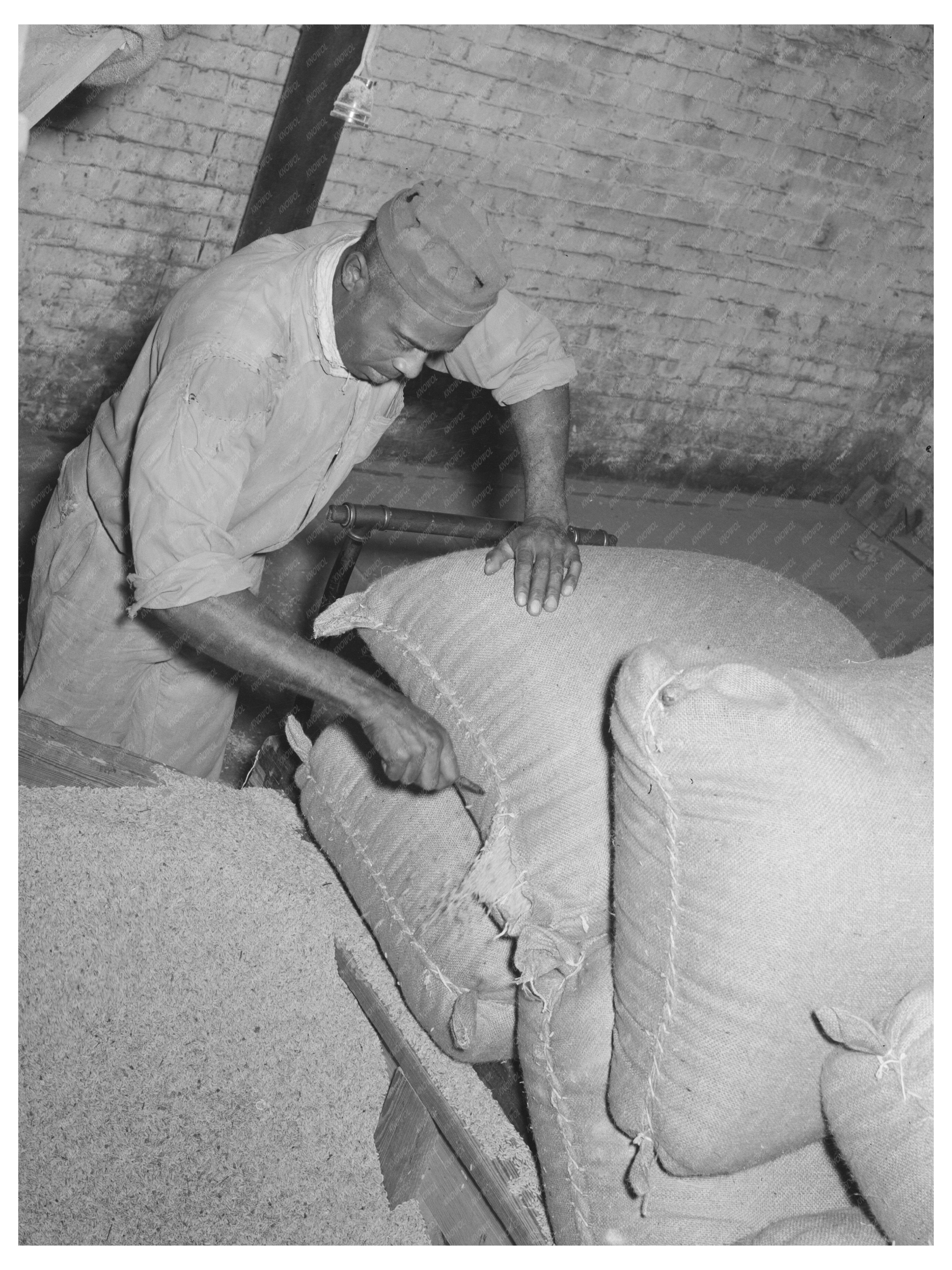 Rice Milling Workers Slitting Sacks in Crowley 1938