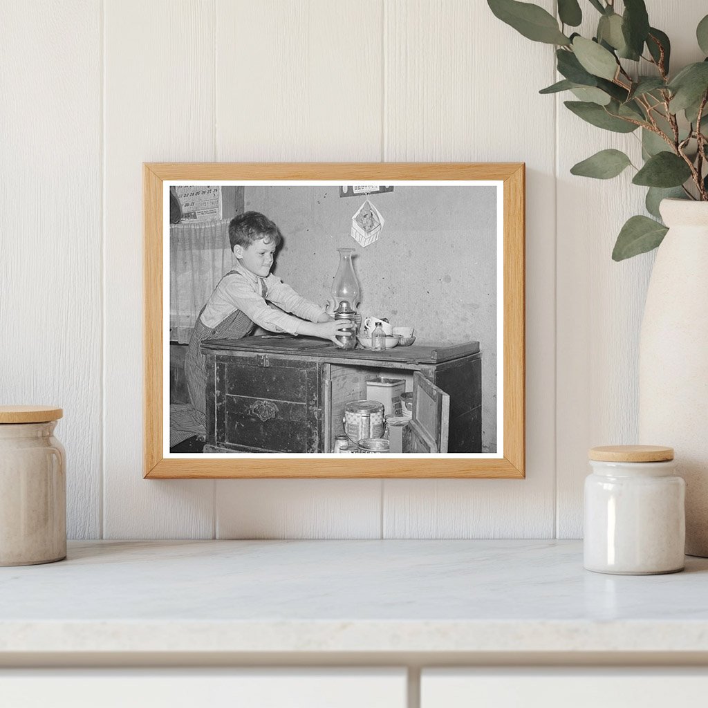 Boy Reaching for Lamp in Texas Trailer Home 1939