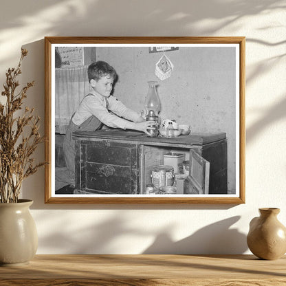 Boy Reaching for Lamp in Texas Trailer Home 1939