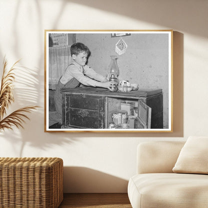 Boy Reaching for Lamp in Texas Trailer Home 1939