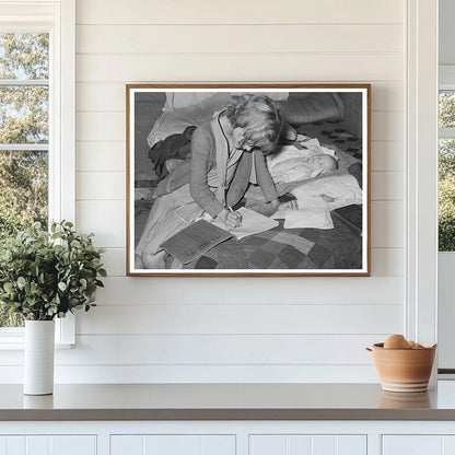 Vintage 1939 Photo of Girl Studying in Tent Home