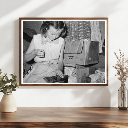 Migrant Girl Repairing Shoes in Sebastian Texas 1939