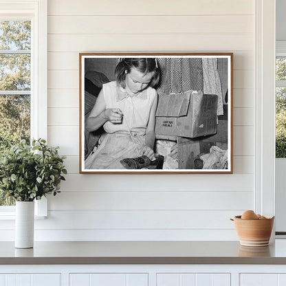Migrant Girl Repairing Shoes in Sebastian Texas 1939
