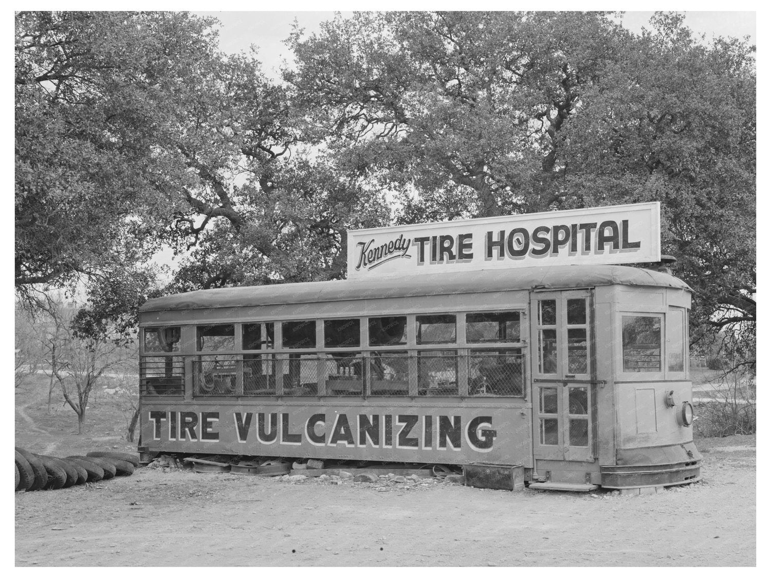 Vintage Streetcar Tire Shop in Kerrville Texas 1939