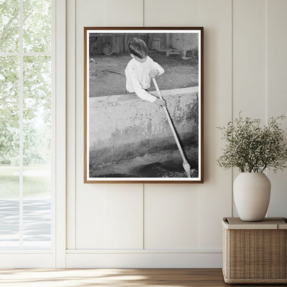 Mexican Boy Sweeping Pecan Soaking Vat San Antonio 1939