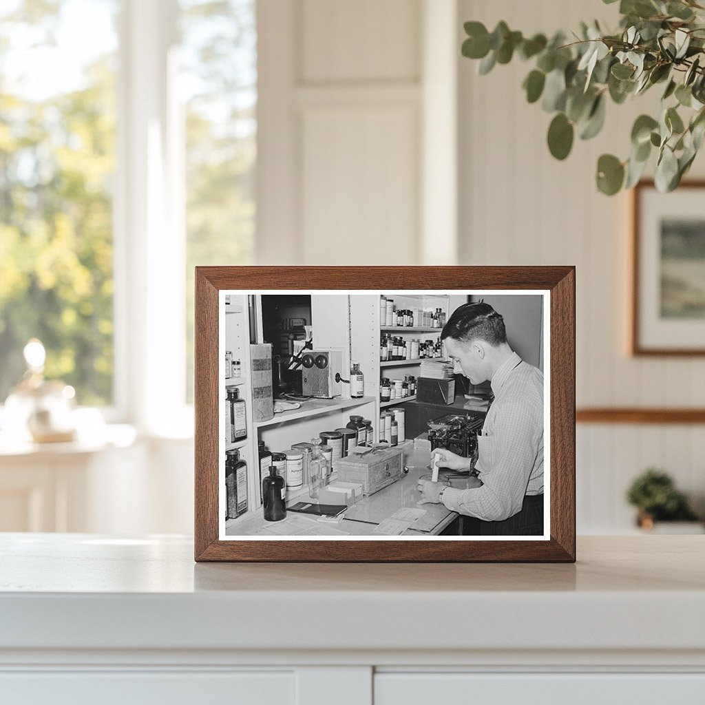 Druggist Preparing Prescription in San Augustine Texas 1939