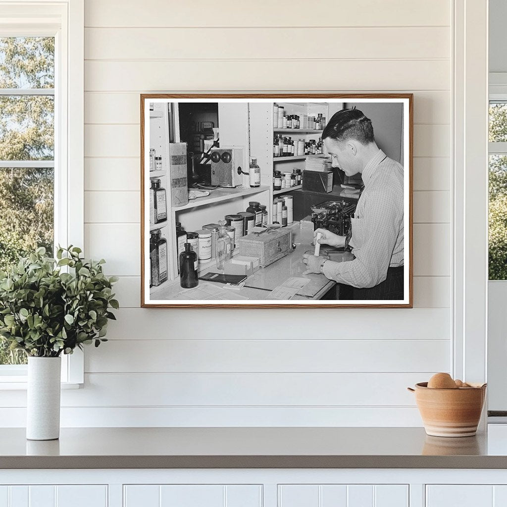 Druggist Preparing Prescription in San Augustine Texas 1939