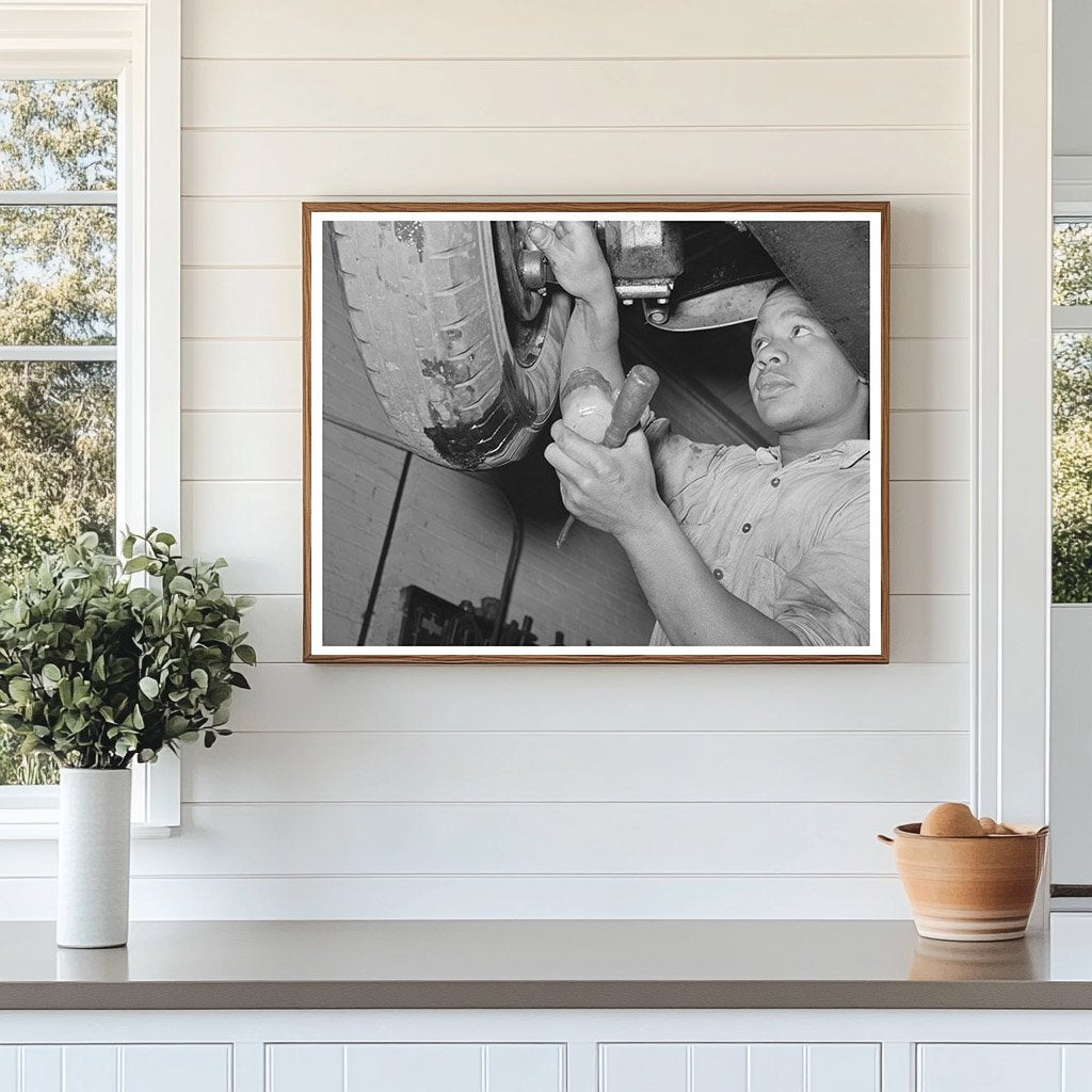 Greasing Automobile in Garage San Augustine Texas 1939