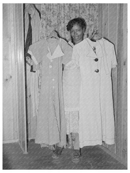 Woman Holding Flour Sack Dresses at Sabine Farms 1939