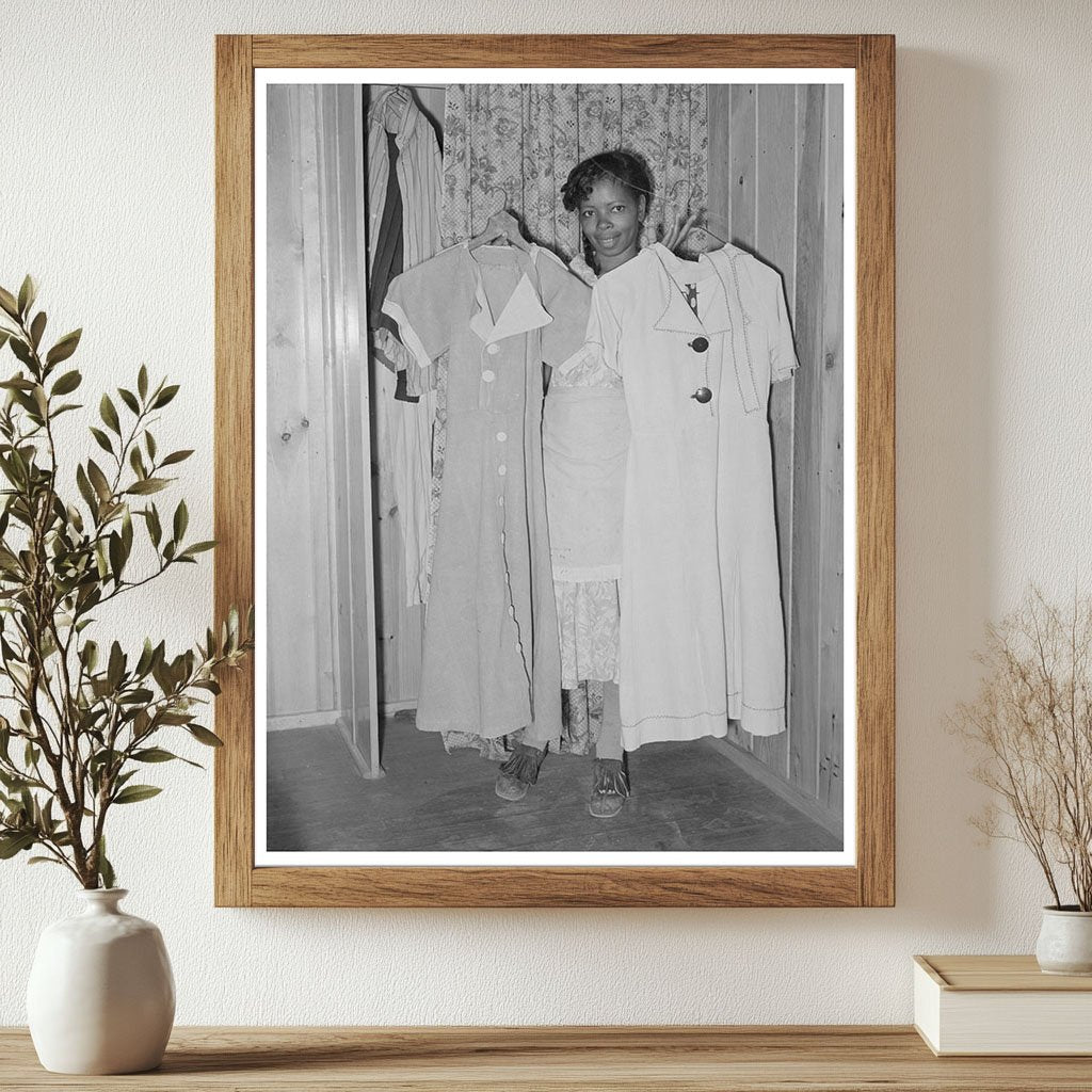 Woman Holding Flour Sack Dresses at Sabine Farms 1939