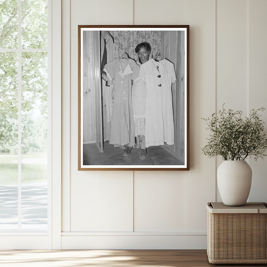 Woman Holding Flour Sack Dresses at Sabine Farms 1939