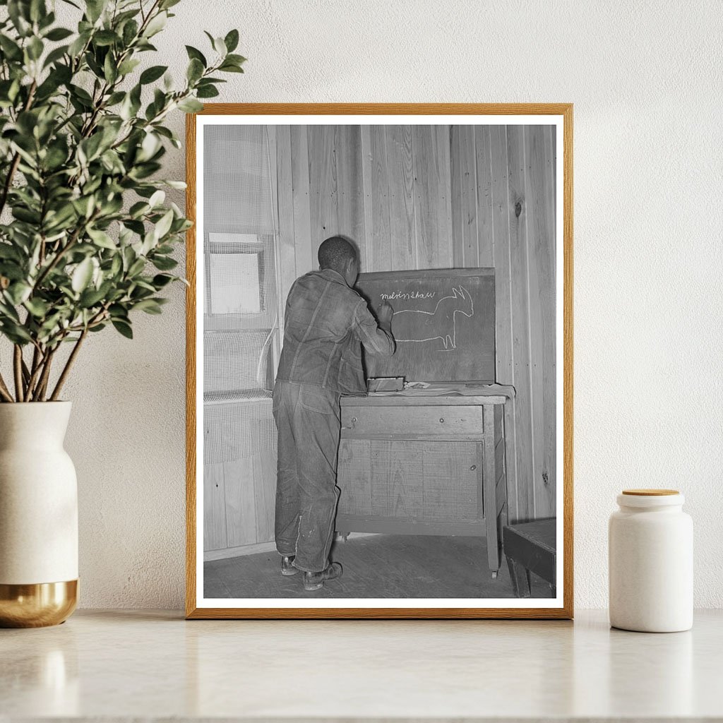 Young Boy Drawing on Blackboard at Sabine Farms 1939