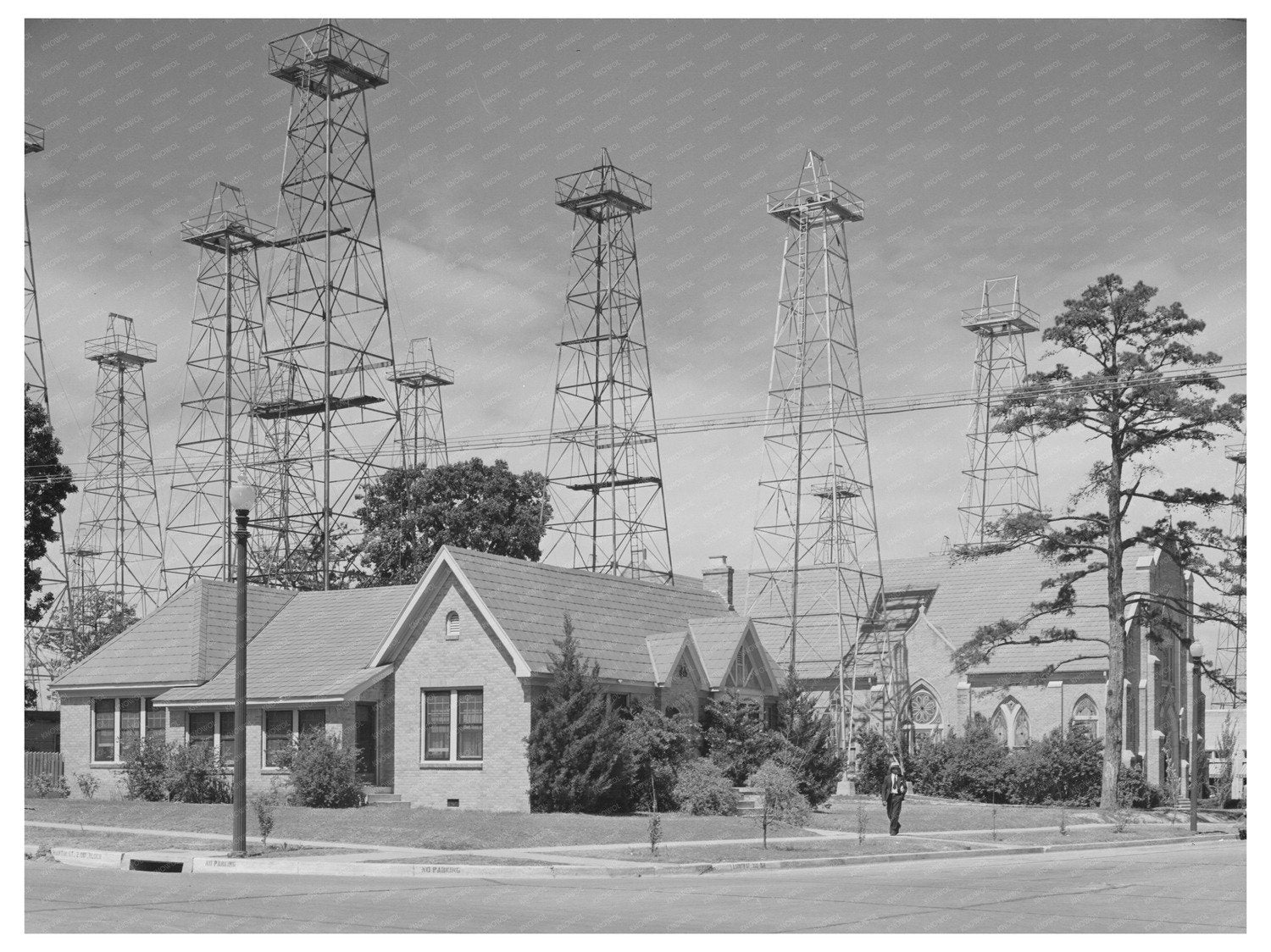Kilgore Texas Oil Derricks and Church April 1939