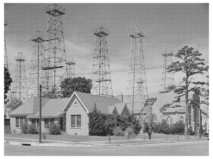 Kilgore Texas Oil Derricks and Church April 1939
