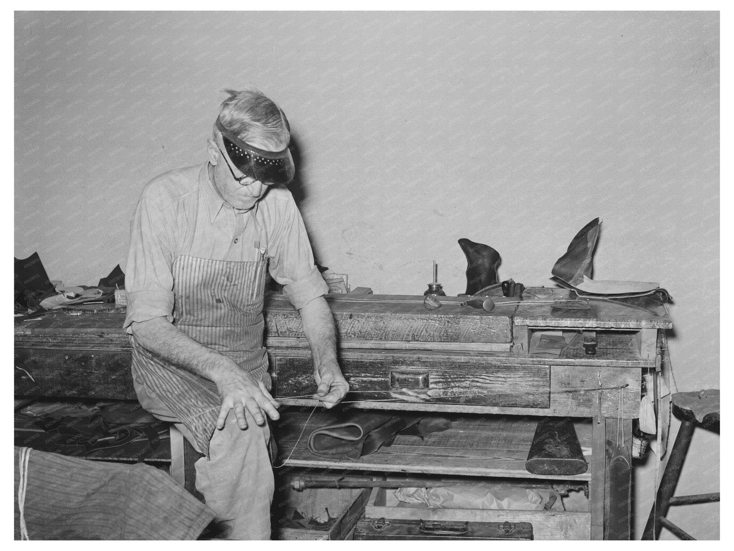 Worker Preparing Waxed Thread in Boot Shop 1939