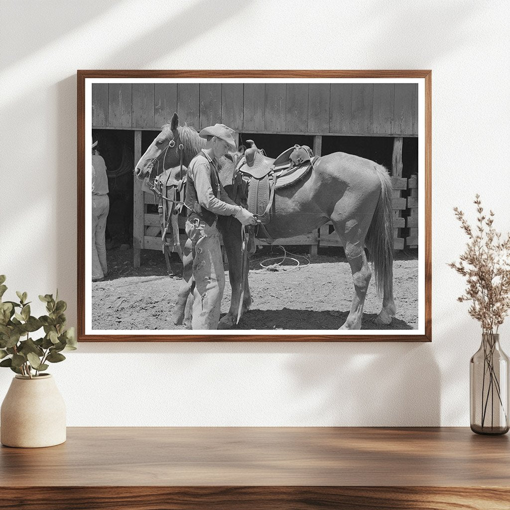 Vintage 1939 Worker Tightening Saddle at SMS Ranch Texas