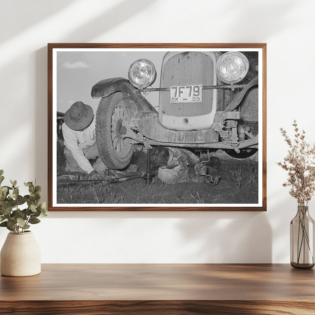 Migrant Steeplejack Fixing Car with Fathers Help 1939